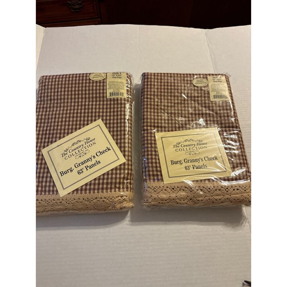 The Country House Collection Burgundy Granny’s Check 63” Panels Lot of 2 72x63